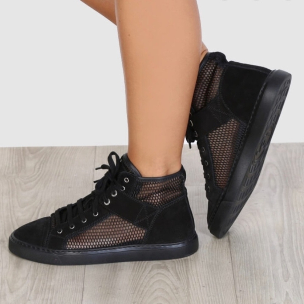 Chanel Black Suede Mesh High Top Sneakers Size EU 38